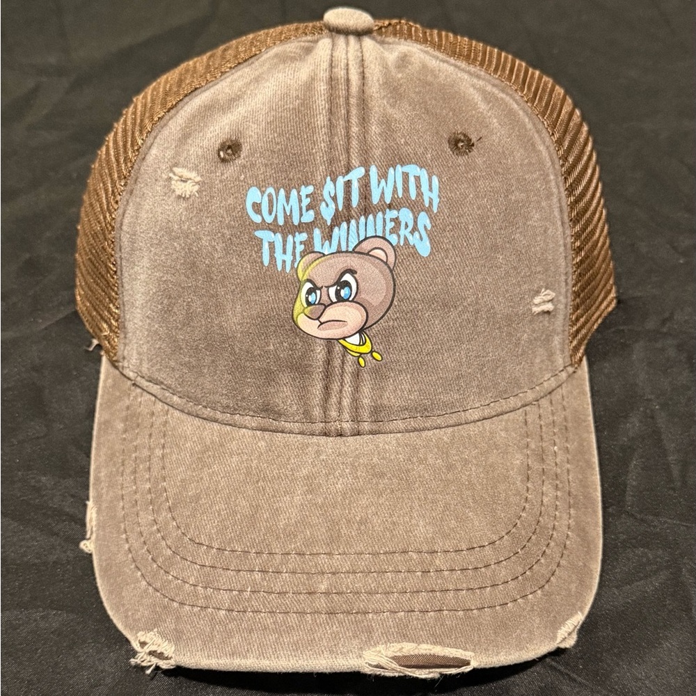 Brown Distressed Cap with bear and blue logo Design